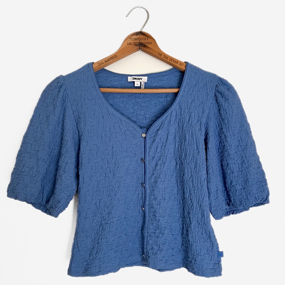 DKNY Blue Puff Sleeve Button Front Textured Top